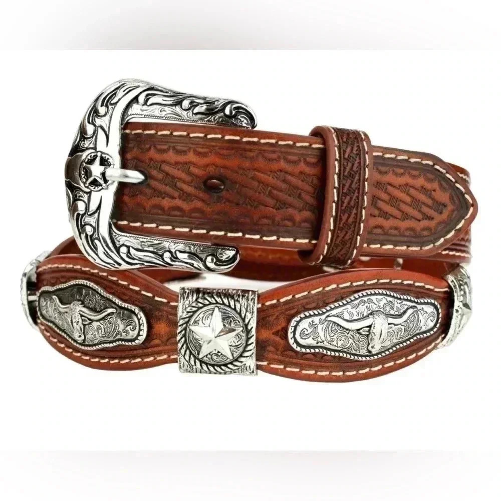 Tooled Scalloped Concho Western Leather Belt - Chestnut 32”
